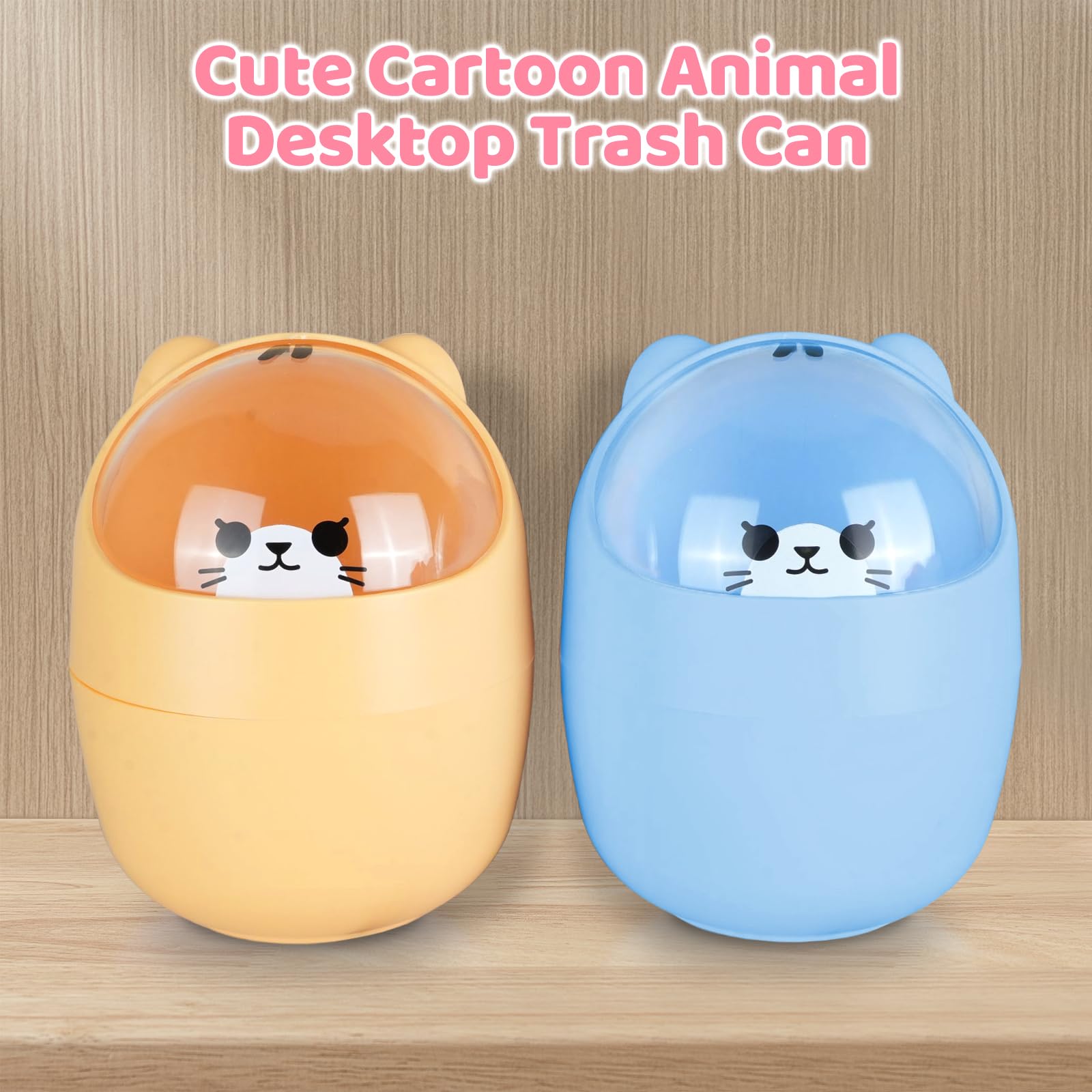 WCHOSOZH 2Pcs Cute Small Trash Can, Mini Kawaii Cartoon Animal Shape Garbage Cans with 4pcs Garbage Bags and 2pcs Stickers, Countertop Rubbish Storage Bin with Swing Lid for Kitchen,Desk (Yellow-Blue)