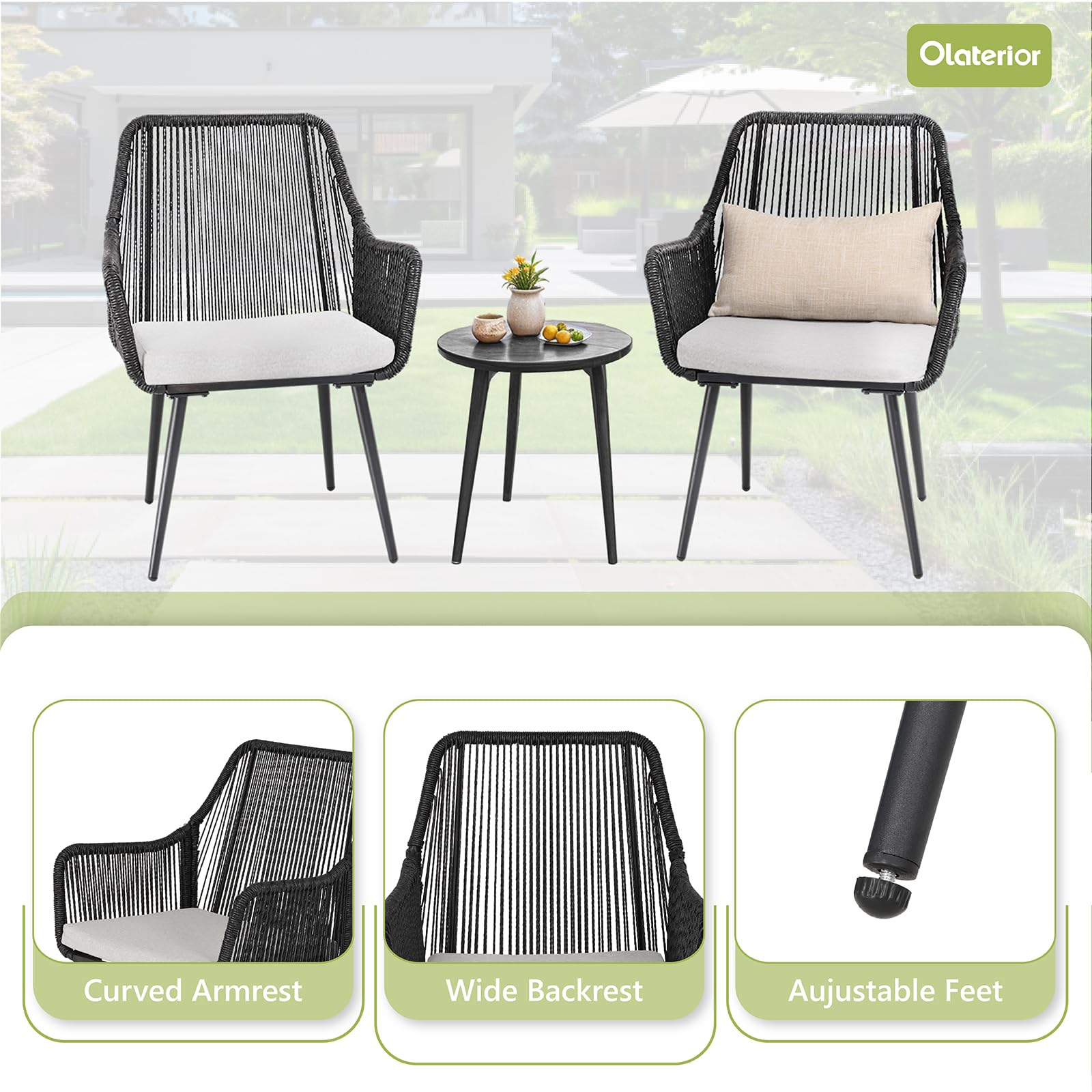 Olaterior Patio Dining Chairs Set of 2, Outdoor Dining Chairs, All-Weather Woven Twisted Wicker Rattan Chair with Armrest and Cushion, Modern Indoor Outdoor Seating for Garden, Lawn, Backyard, Black