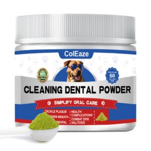 dog teeth cleaning powder, dog breath freshener, dog dental powder with natural herbal blend, targets tartar, reduces plaque & bad breath, dog dental care made easy, for all ages, 6.35oz