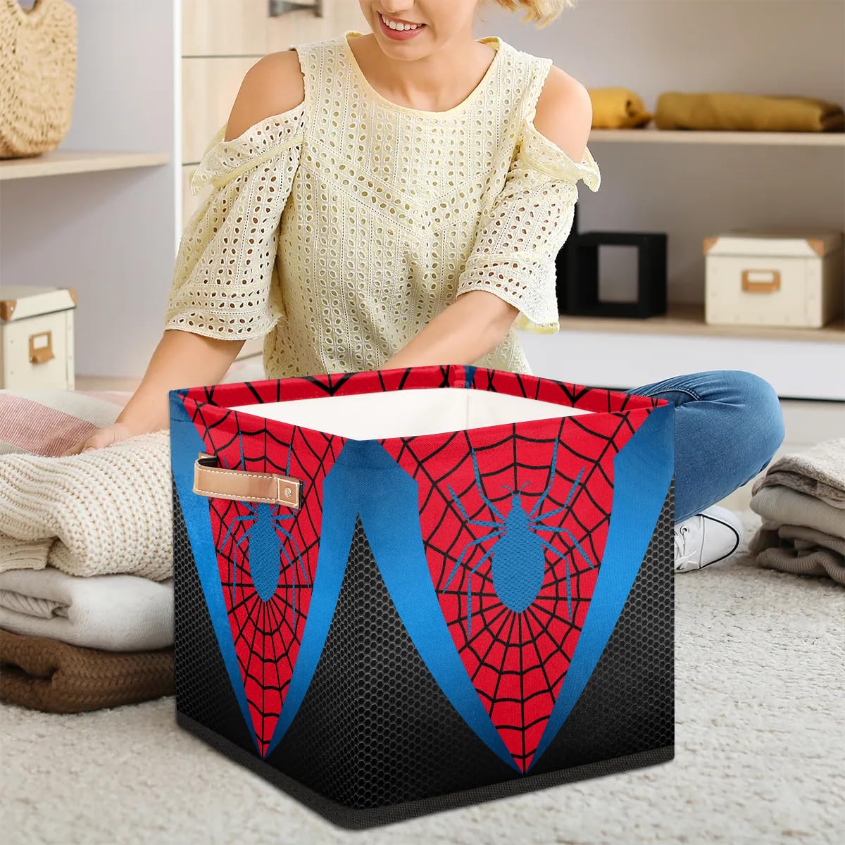 LLCXCSI Storage Cubes Red Spider Web Foldable Cube Organizer Baskets Bins 13"x 13" with Double Handles for Nursery, Kids Room, Closet Shelf Clothes Toys Storage