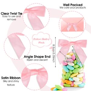 Nogeqi 50 PCS Mini Pink Bows for Crafts Twist Tie Bows for Treat Bags 3.35inch Small Ribbon Bows Small Pink Bows for Gift Wrapping Baby Shower Halloween Christmas Candy Bags Decoration