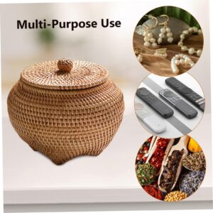 Rattan Box with Lid, 6.3x5.5 Inch Rattan Basket, Hand-Woven Round Woven Basket, Desktop Decorative Box Small Wicker Basket with Lid, Round Woven Seagrass Baskets, Little Handmade Rattan Storage