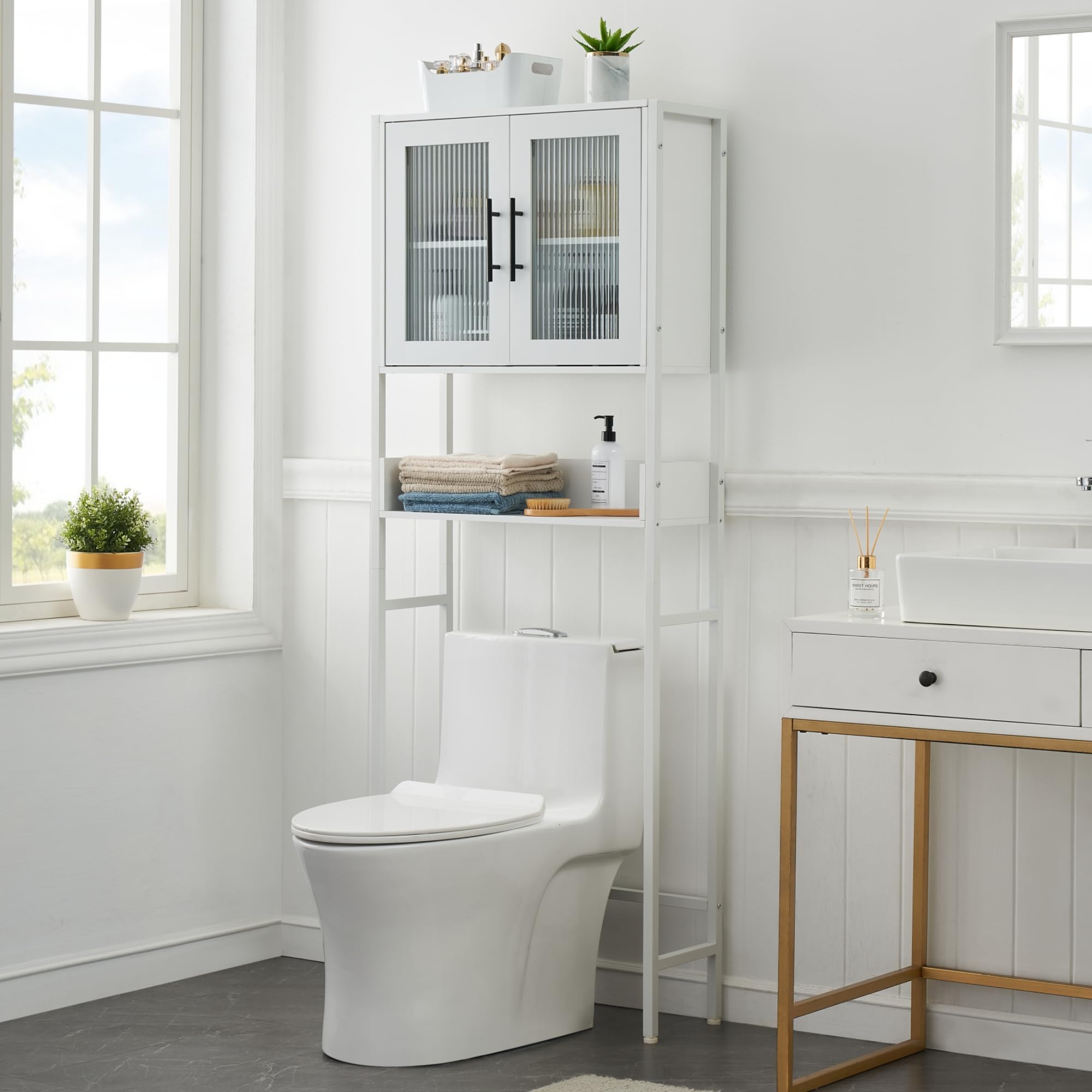 coucheta Bathroom Over-The-Toilet Cabinet with Glass Doors and Adjustable Shelves, Spacious Above Toilet Storage Organizer