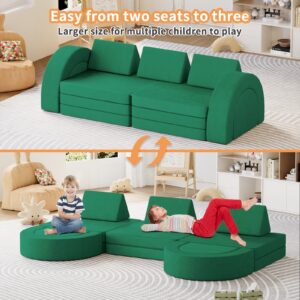 Neoriver Kids Couch, 13PCS Large Modular Kids Play Couch with 2 Tunnels, Fold Out Toddler Couch for Playroom Bedroom, Over 30 Creative Gameplay Kids Sectional Foam Sofa for Boys and Girls, Green