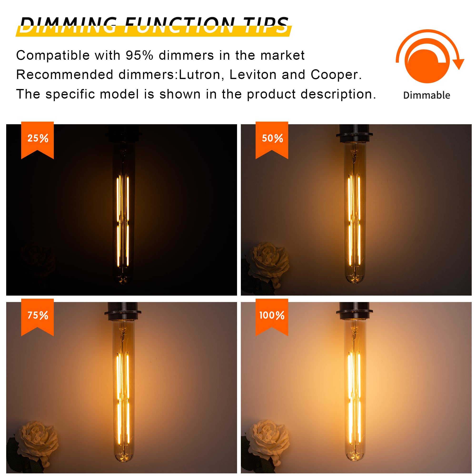 Sphoon 6W Dimmable T10 8.9inch Amber LED Bulb E26 Light Bulb Equal 60 watt 225 Long Led Light Bulb AC120V 2200K Edison 500LM for Rustic Pendant,Industrial Pipe,Wall sconces,Vanity 4Pack