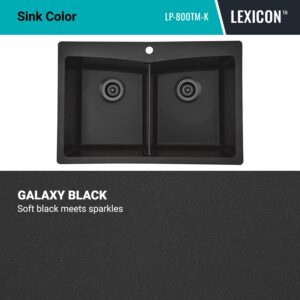 33" x 22" Quartz Kitchen Sink, Double Bowl Kitchen Sinks, Drop in sink, Undermount Sink, Galaxy Black Kitchen Sink, Double Sink Kitchen, Grids, Strainer and Flange, Lexicon Platinum LP-800TM-K