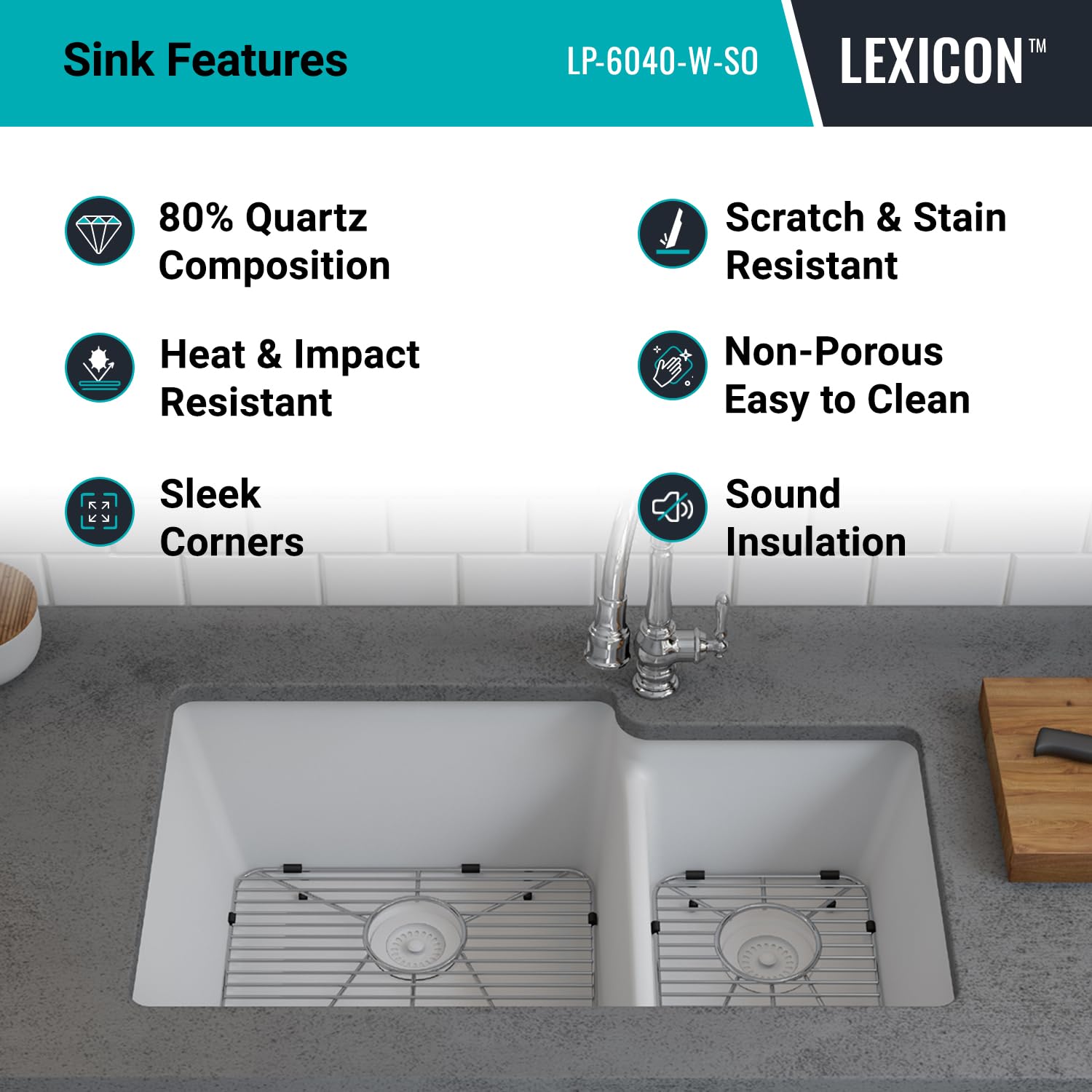 32" x 19" Quartz Kitchen Sink, 60/40 Double Bowl Sink, Drop-in Sink, Undermount Sink, Granite Kitchen Sink, White Kitchen Sink, Lexicon Platinum LP-6040-W-SO