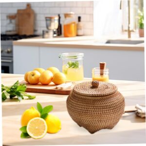 Rattan Box with Lid, 6.3x5.5 Inch Rattan Basket, Hand-Woven Round Woven Basket, Desktop Decorative Box Small Wicker Basket with Lid, Round Woven Seagrass Baskets, Little Handmade Rattan Storage