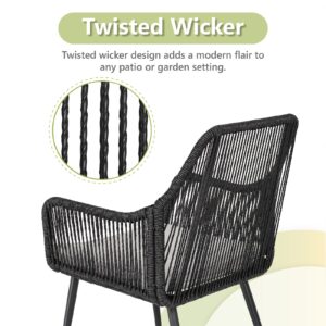 Olaterior Patio Dining Chairs Set of 2, Outdoor Dining Chairs, All-Weather Woven Twisted Wicker Rattan Chair with Armrest and Cushion, Modern Indoor Outdoor Seating for Garden, Lawn, Backyard, Black