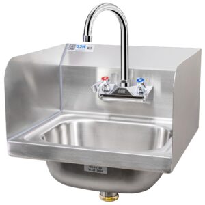 gsw hs-1615s standard 16" x 15" commercial stainless steel wall mount hand sink with gooseneck faucet and side splashguards for restaurants, kitchens, garages, bars