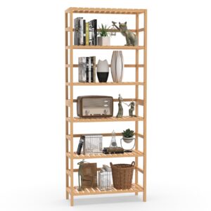 vasmia bookshelf,6 tier bamboo adjustable bookshelves,tall bookcase shelf storage organizer,free standing storage shelving unit for living room,bedroom,bathrrom and home office,natural