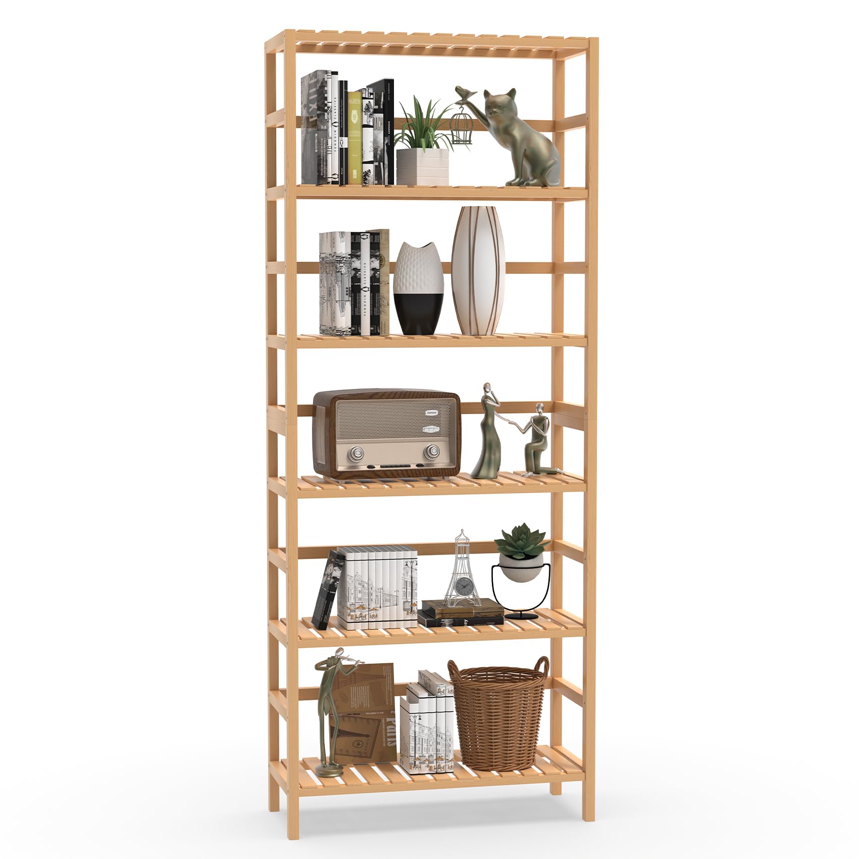 VASMIA Bookshelf,6 Tier Bamboo Adjustable Bookshelves,Tall Bookcase Shelf Storage Organizer,Free Standing Storage Shelving Unit for Living Room,Bedroom,Bathrrom and Home Office,Natural