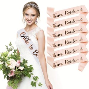 6+1 pack bride to be sash set for team bridal shower bachelorette party decorations wedding engagement party favors white sash with rose gold foil lettering