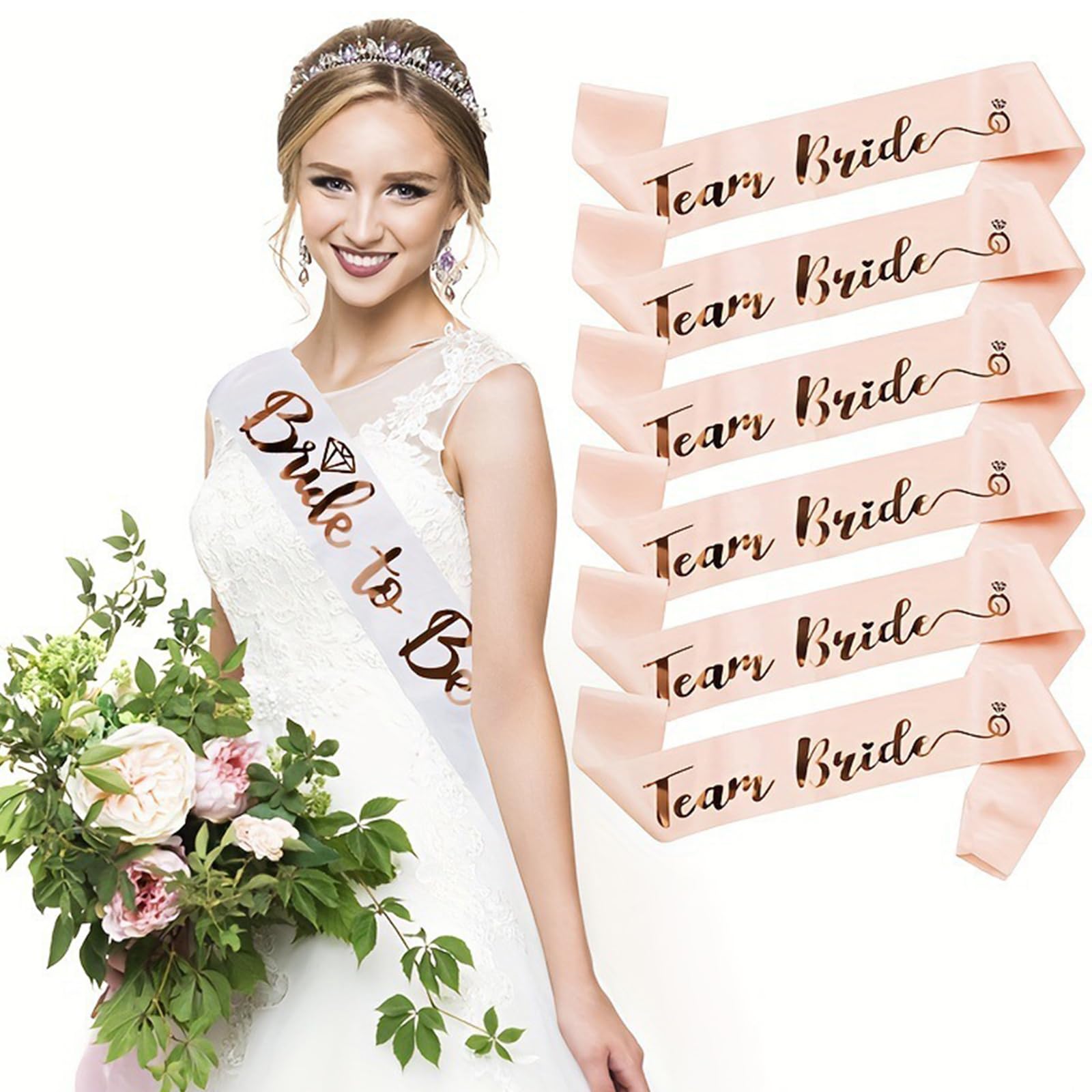 6+1 Pack Bride to Be Sash Set for Team Bridal Shower Bachelorette Party Decorations Wedding Engagement Party Favors White Sash with Rose Gold Foil Lettering