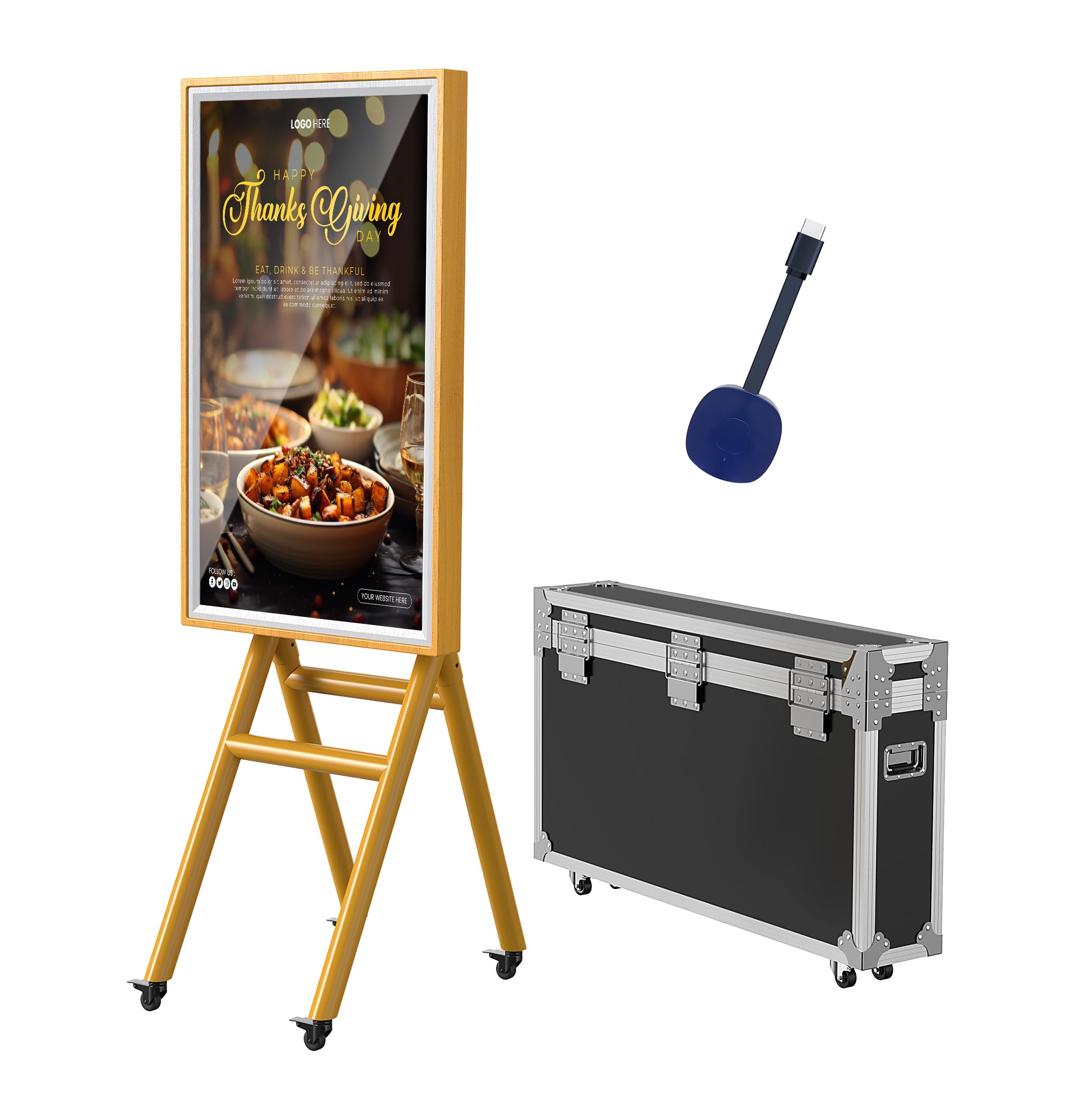 QIXZOCV 43 Inch Wooden Mobile Digital Signage Displays with Flight Case, Capacitive Touchscreen Advertising Display Kiosk, Portable Photo Booth Stand by with Screen Mirroring App Publishing