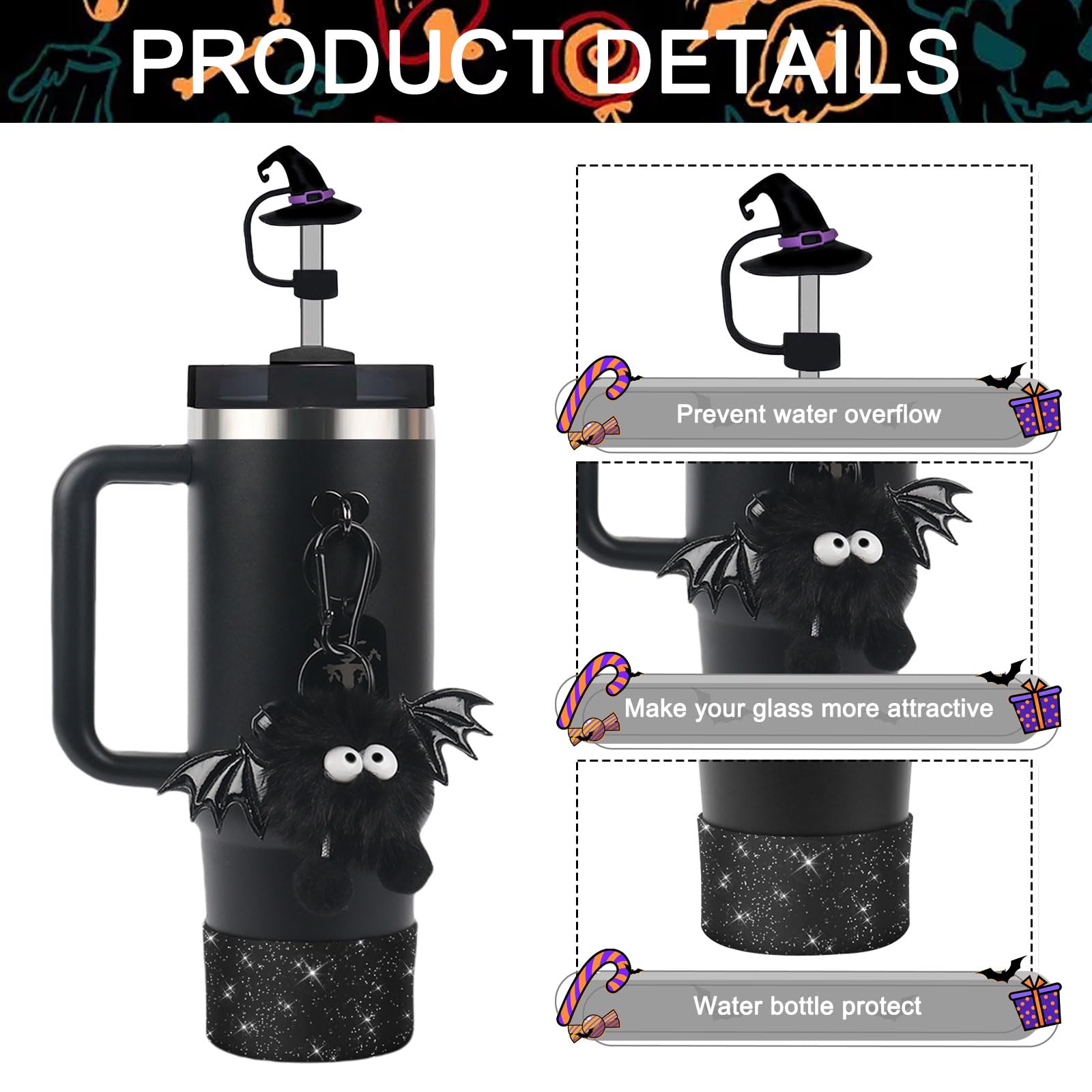 BELSITA Halloween Stanley Cup Accessories Set, Black Cartoon Devil Brid Witch Hat Straw Cap Design Water Bottle Decoration, Silicone Stanley Cup Boot, Stanley Charms for Stanley Cup 30/40oz Tumble