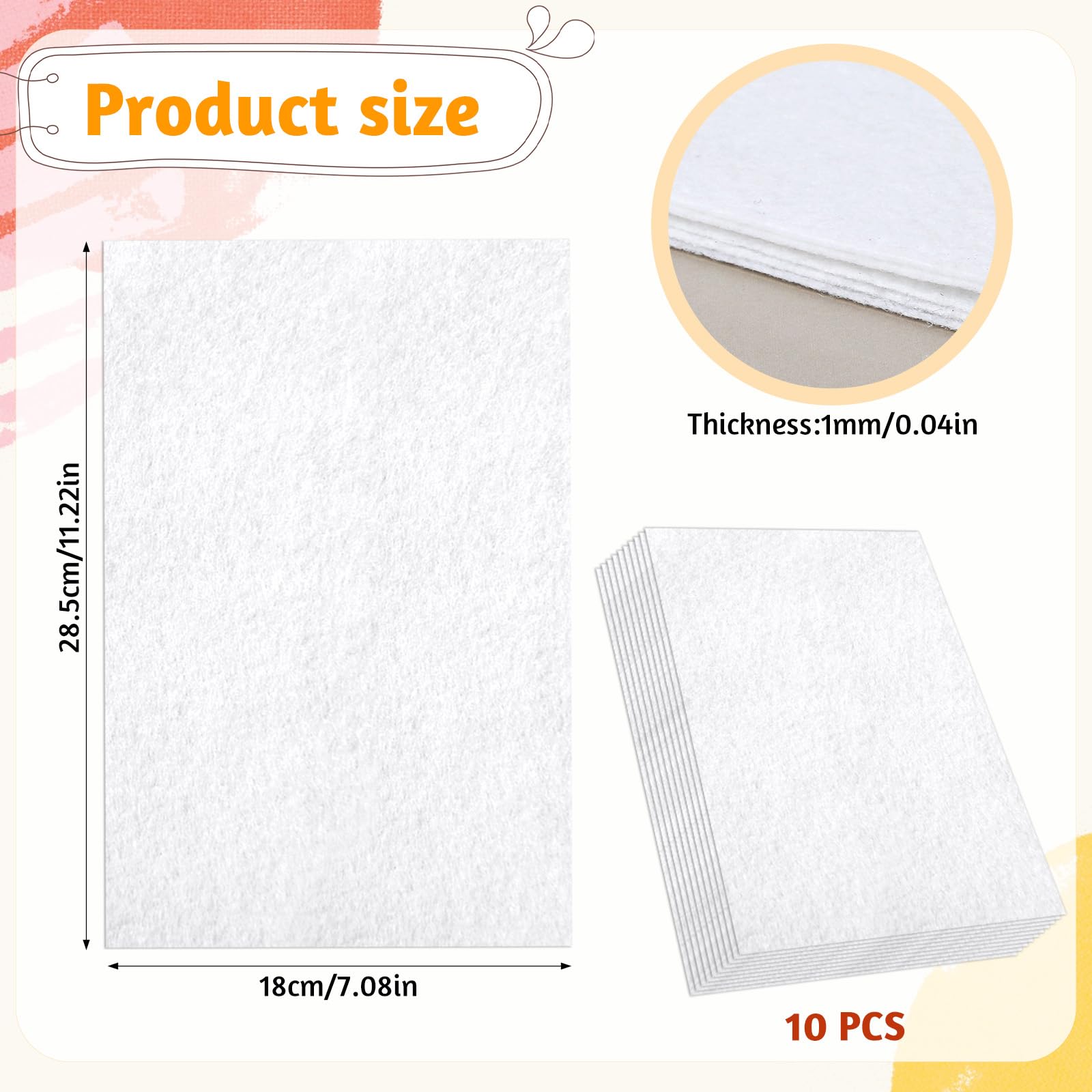 White Felt Sheets, 10 PCS Felt Sheets Fabric for Crafts 7" X 11" Felt Sheets Fabric Stiff Craft Felt Cloth Soft Felt Pads Thick Fall Felt Sheets for DIY Art and Sewing Projects Crafts Making Supplies