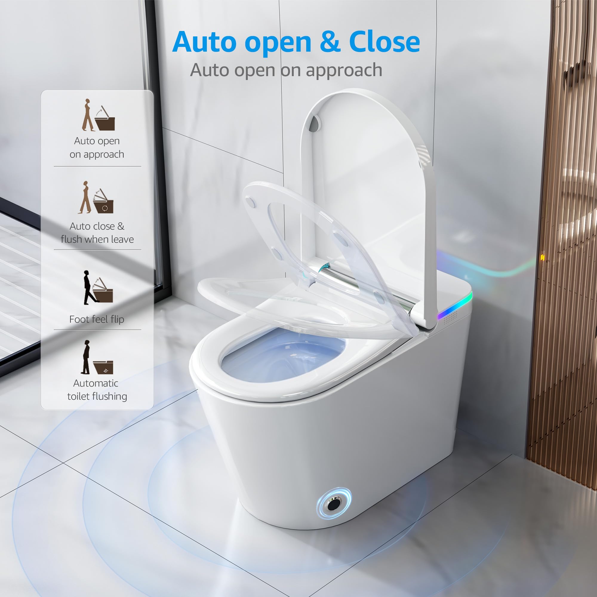 Tankless Smart Toilet with Built-In Bidet, Heated Seat, Warm Water and Dry, Simple Installation, with Foot Sensor and Night Light, Auto Flush, Auto Open & Close Lid, Wireless Remote Control