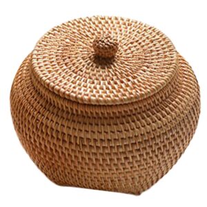 rattan box with lid, 6.3x5.5 inch rattan basket, hand-woven round woven basket, desktop decorative box small wicker basket with lid, round woven seagrass baskets, little handmade rattan storage