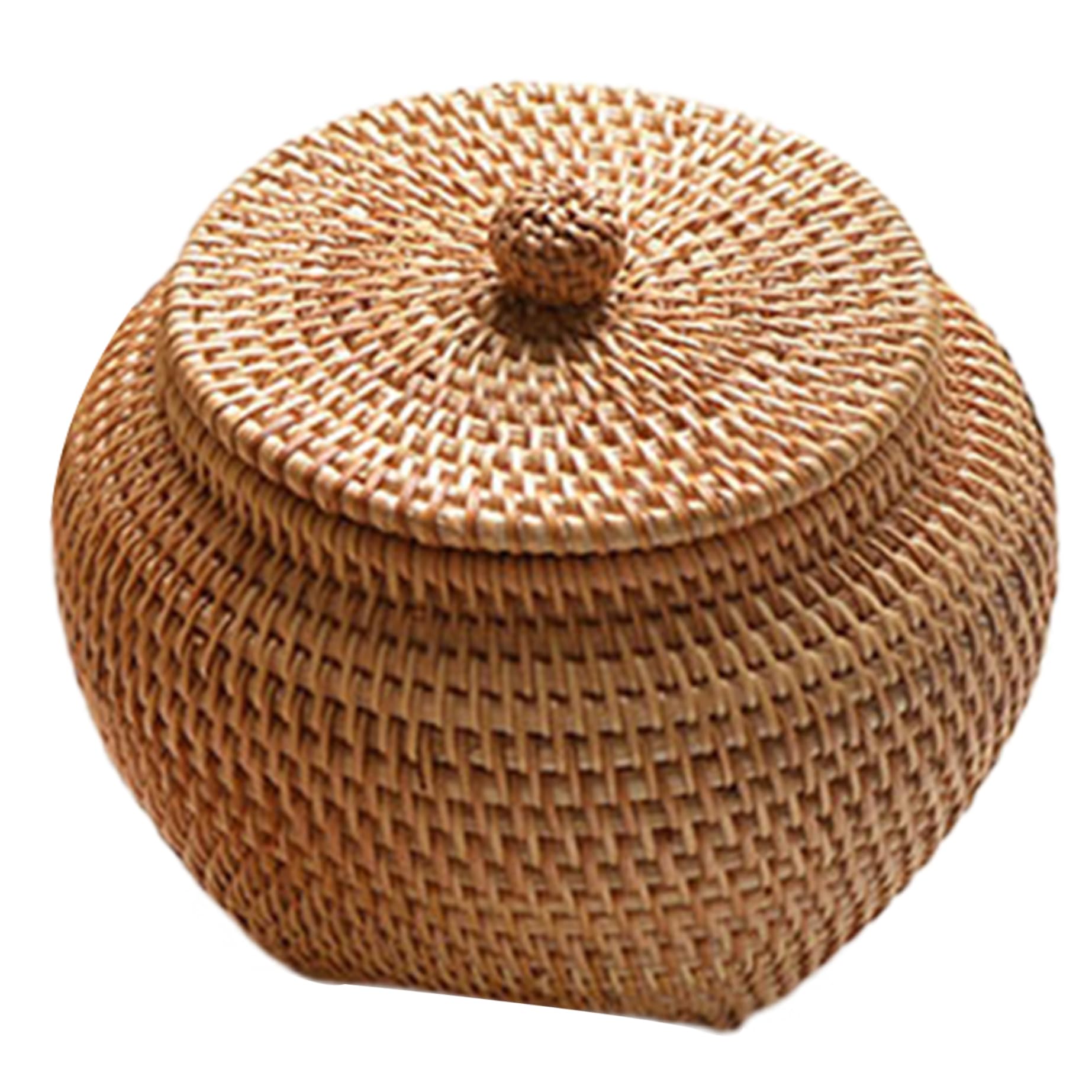 Rattan Box with Lid, 6.3x5.5 Inch Rattan Basket, Hand-Woven Round Woven Basket, Desktop Decorative Box Small Wicker Basket with Lid, Round Woven Seagrass Baskets, Little Handmade Rattan Storage