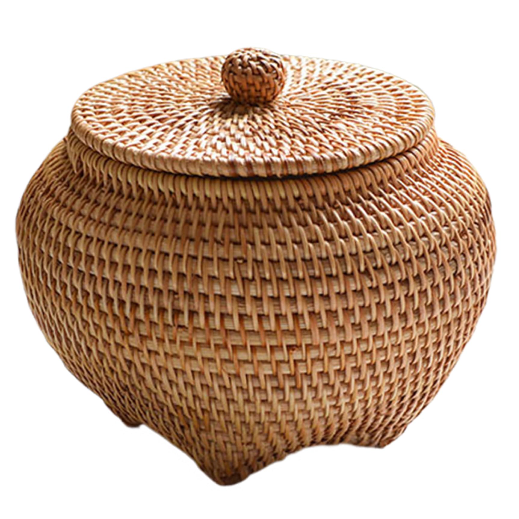 Rattan Box with Lid, 6.3x5.5 Inch Rattan Basket, Hand-Woven Round Woven Basket, Desktop Decorative Box Small Wicker Basket with Lid, Round Woven Seagrass Baskets, Little Handmade Rattan Storage