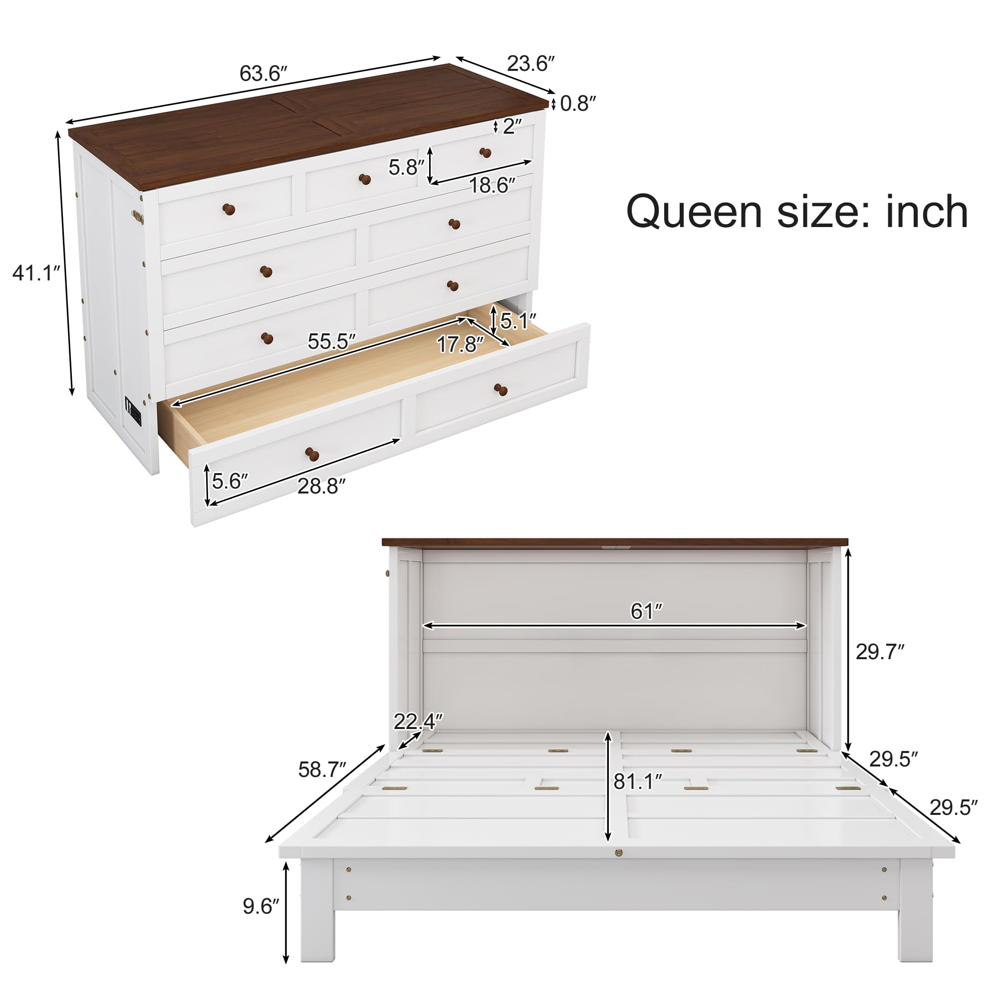 BIADNBZ Queen Size Murphy Bed Cabinet with Charging Station and Large Storage Drawer, Solid Wood Platform Bedframe, Foldable/Space Saving, for Home Office Small Room, White+Walnut