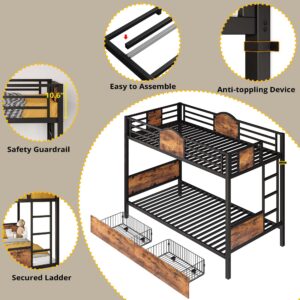 LIKIMIO Bunk Bed Twin Over Twin with Ladder and MDF Board Guardrail, Twin Bunk Beds with 2 Storage Drawers, Space-Saving, Noise Free, Black