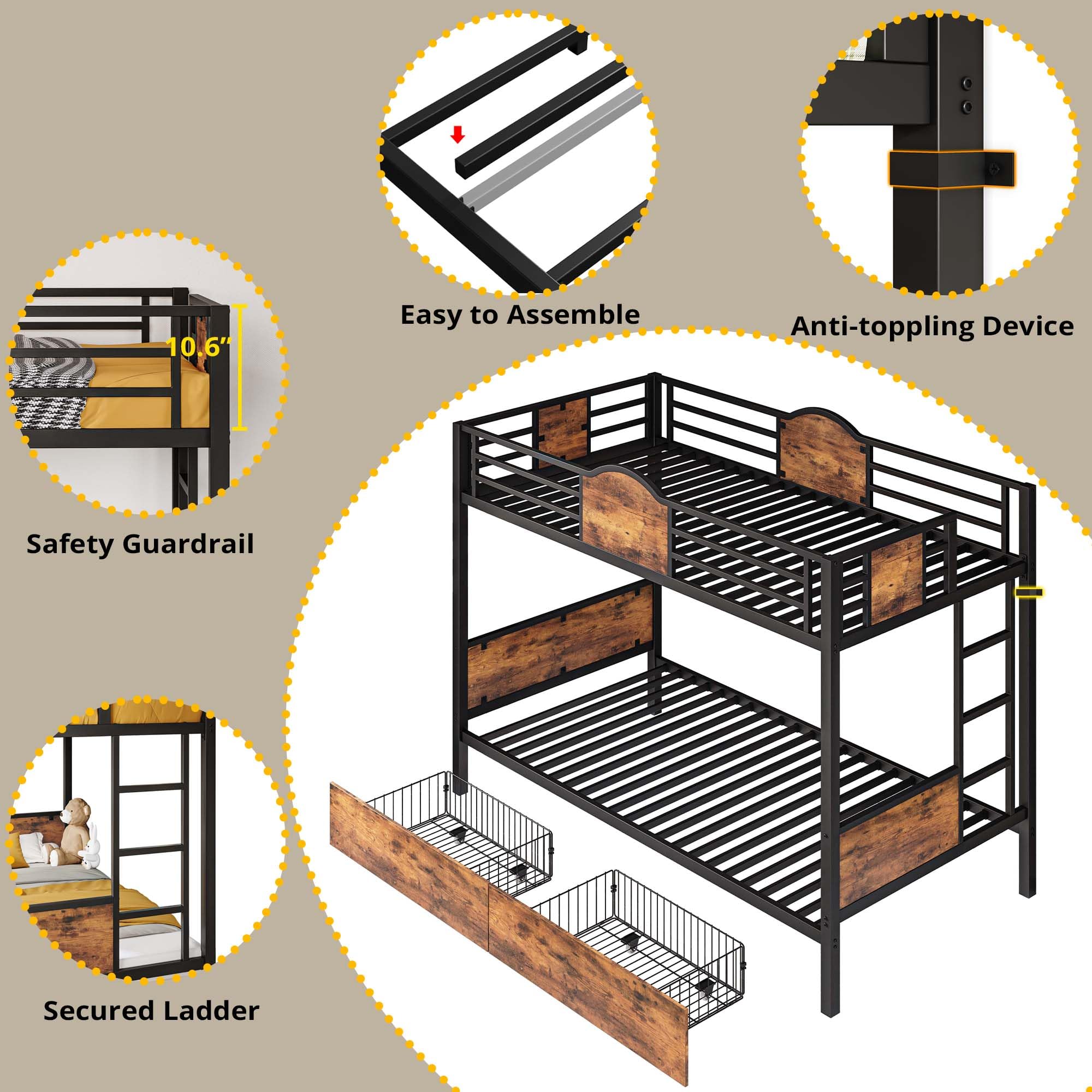 LIKIMIO Bunk Bed Twin Over Twin with Ladder and MDF Board Guardrail, Twin Bunk Beds with 2 Storage Drawers, Space-Saving, Noise Free, Black