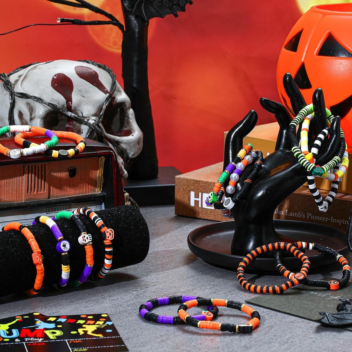 Ganepwns Halloween Clay Beads for Bracelet Making, Orange Black Beading kit with Moon Pumpkin Ghost Witch Hat Charms Pendants for Jewelry Making, DIY Craft Arts Halloween Gifts