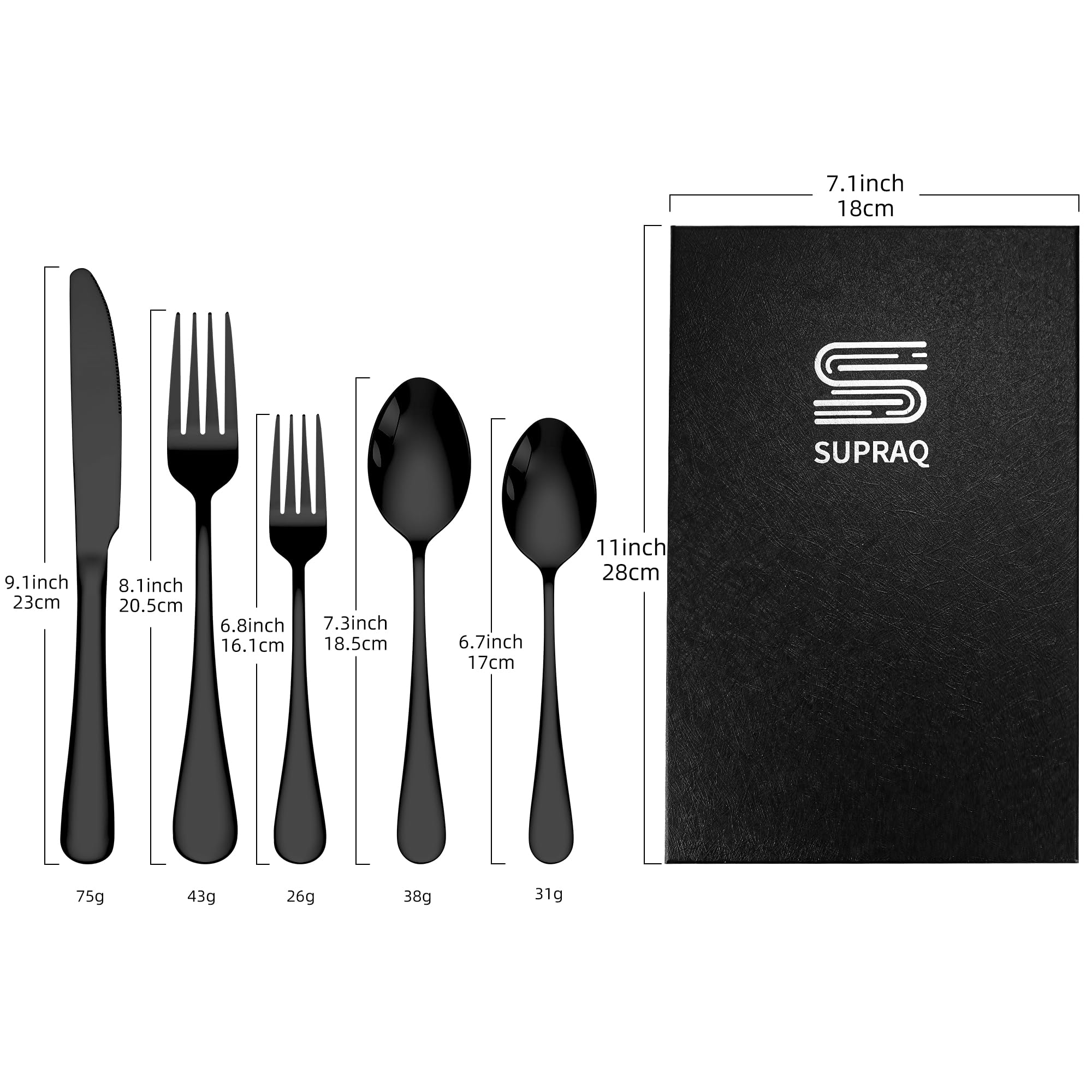 SUPRAQ Kitchen Utensil Stainless Steel Cutlery Set 5 Pieces - 2 Spoons, 2 Forks and 1 Knife (Black)