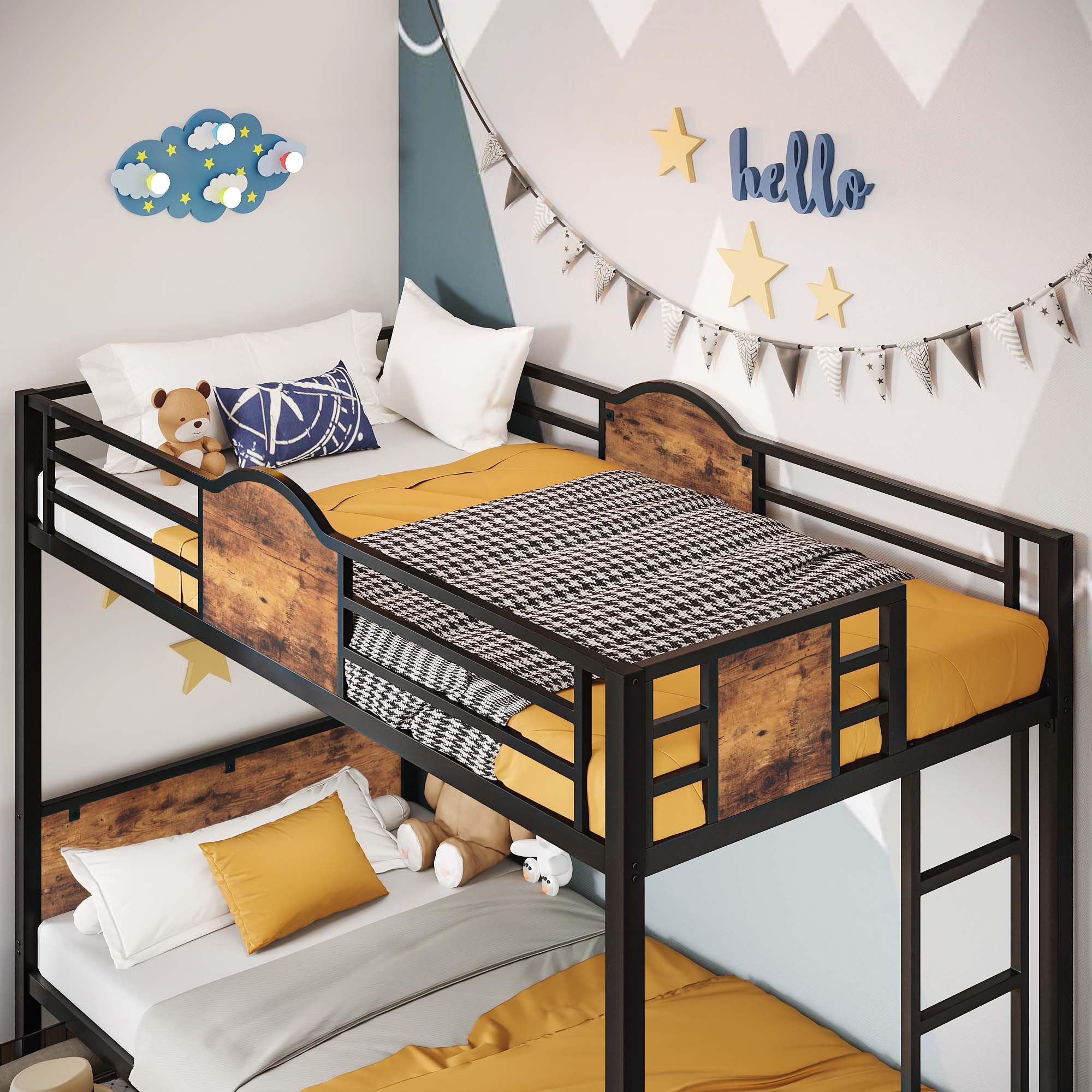 LIKIMIO Bunk Bed Twin Over Twin with Ladder and MDF Board Guardrail, Twin Bunk Beds with 2 Storage Drawers, Space-Saving, Noise Free, Black