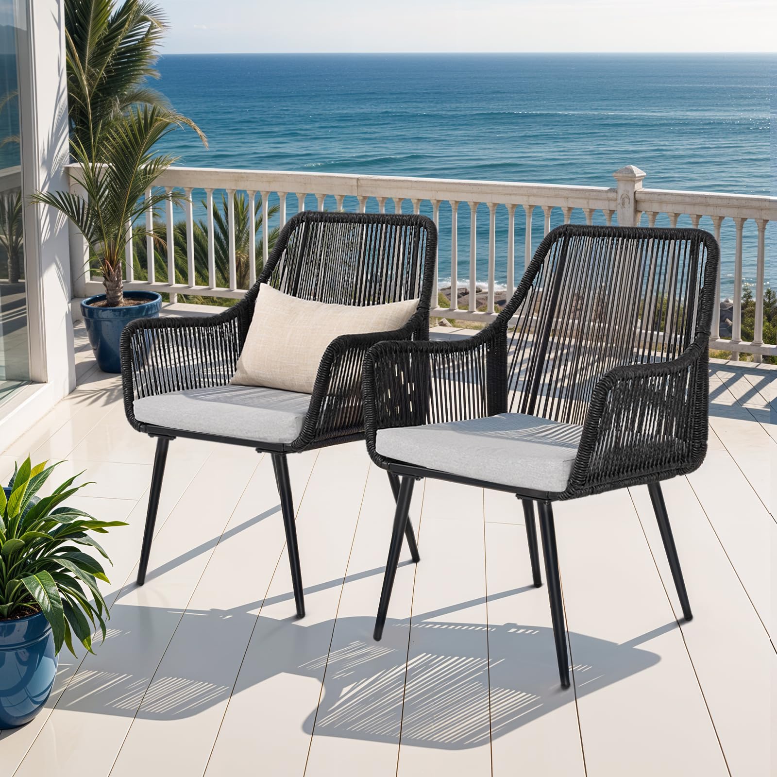 Olaterior Patio Dining Chairs Set of 2, Outdoor Dining Chairs, All-Weather Woven Twisted Wicker Rattan Chair with Armrest and Cushion, Modern Indoor Outdoor Seating for Garden, Lawn, Backyard, Black