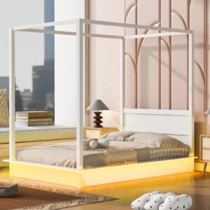 harper & bright designs full size canopy bed with headboard and led light, 4-post canopy platform bed frame, solid wood full bed frame for kids teens adults - white