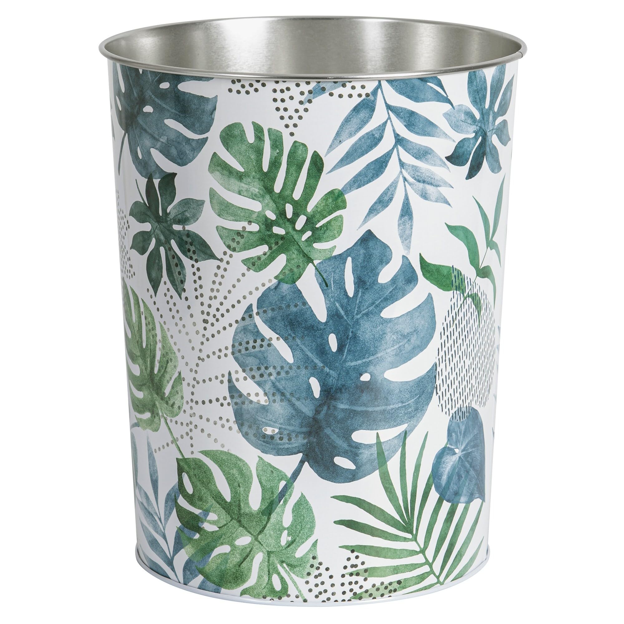 Allure Home Creation Blue Palm Leaves Metal Wastebasket-Small Size-1.5 Gallons