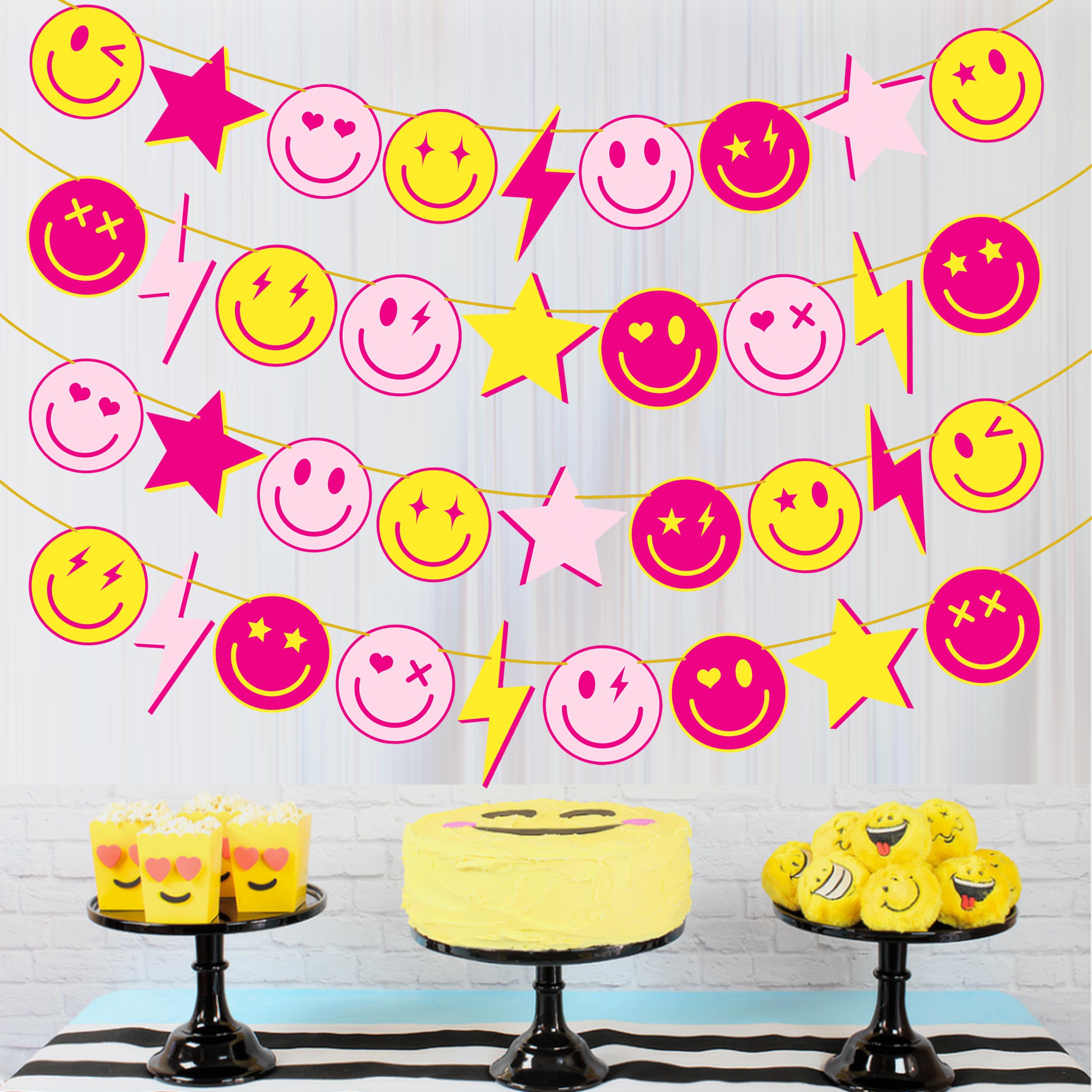 Preppy Party Banners 4Pcs Preppy Smile Face Party Decorations Hot Pink Yellow Smile Face Lightning Star Themed Party Banners for Back to School Party Bachelorette Birthday Party Supplies