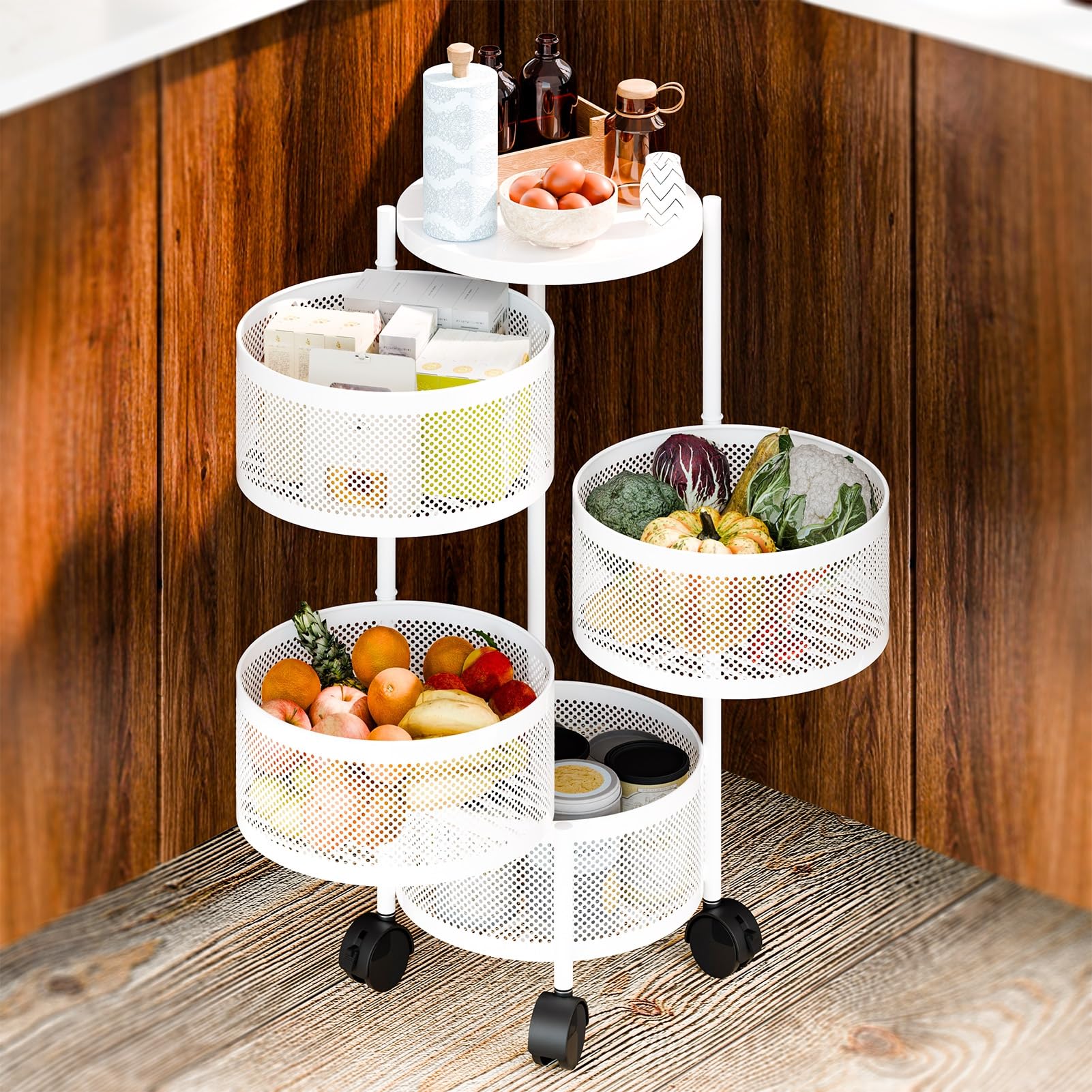 pofluany 3/4/5 Tier Rotating Storage Rack, Fruit Basket for Kitchen, Large Storage Rack with Wheels, Circular Rotating Basket, Fruit and Vegetable Metal Wire Shelf with Top Lid Four Layer