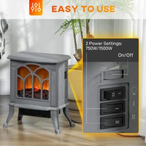 HOMCOM 17" Freestanding Electric Fireplace Stove, Fire Place Heater with Realistic Logs and Flame Effect and Overheat Protection, 750W/1500W, Gray