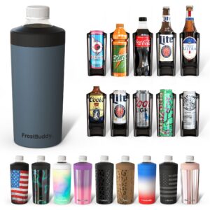 universal buddy xl can cooler by frost buddy - fits 12-ounce, 16-ounce, 20-ounce, and 24-ounce cans and bottles - keep your drinks refreshingly chilled for over 12 hours gunmetal glory