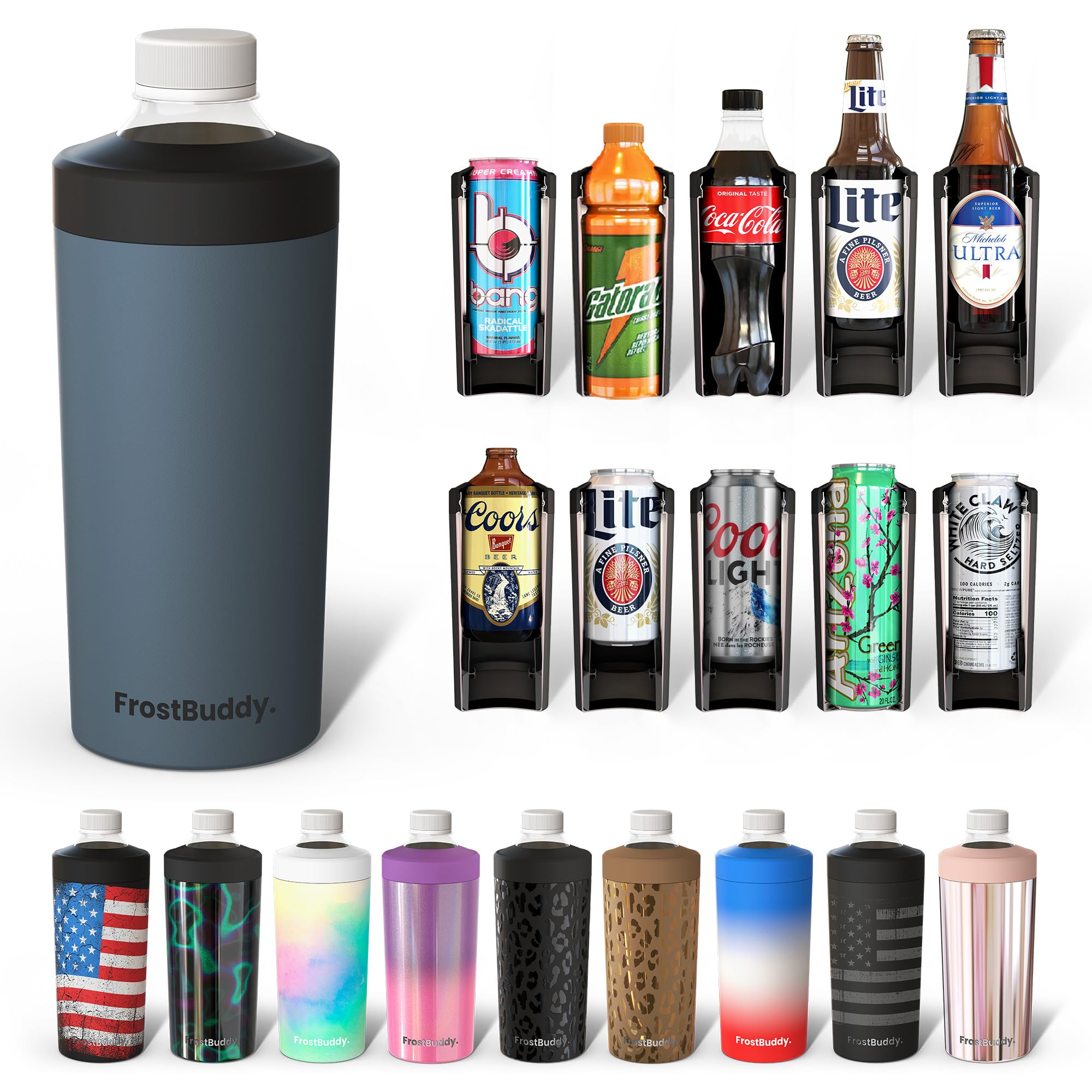 Universal Buddy XL Can Cooler by Frost Buddy - Fits 12-ounce, 16-ounce, 20-ounce, and 24-ounce Cans and Bottles - Keep Your Drinks Refreshingly Chilled for over 12 hours Gunmetal Glory