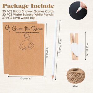 Sinload 30 Sets Guess the Dress Bridal Shower Games for Guests 30 Pcs Wedding Shower Games Cards 30 Water Soluble Pencils 30 Fun Heart Wooden Clip and 1 String Rope Wedding Party Supplies Games Ideas