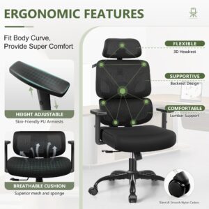 Office Chair Ergonomic Desk Chair, High Back Gaming Chair, Big and Tall Reclining Chair Breathable Mesh Comfy Home Office Desk Chair Lumbar Support Computer Chair Adjustable Arms, 3D Headrest (Black)