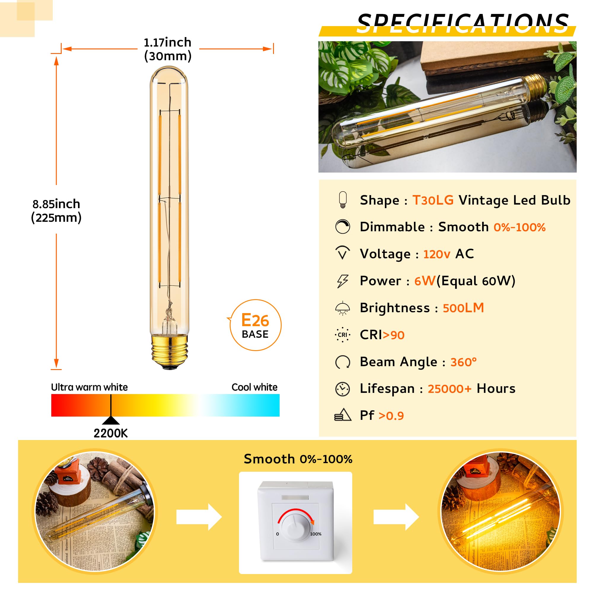 Sphoon 6W Dimmable T10 8.9inch Amber LED Bulb E26 Light Bulb Equal 60 watt 225 Long Led Light Bulb AC120V 2200K Edison 500LM for Rustic Pendant,Industrial Pipe,Wall sconces,Vanity 4Pack