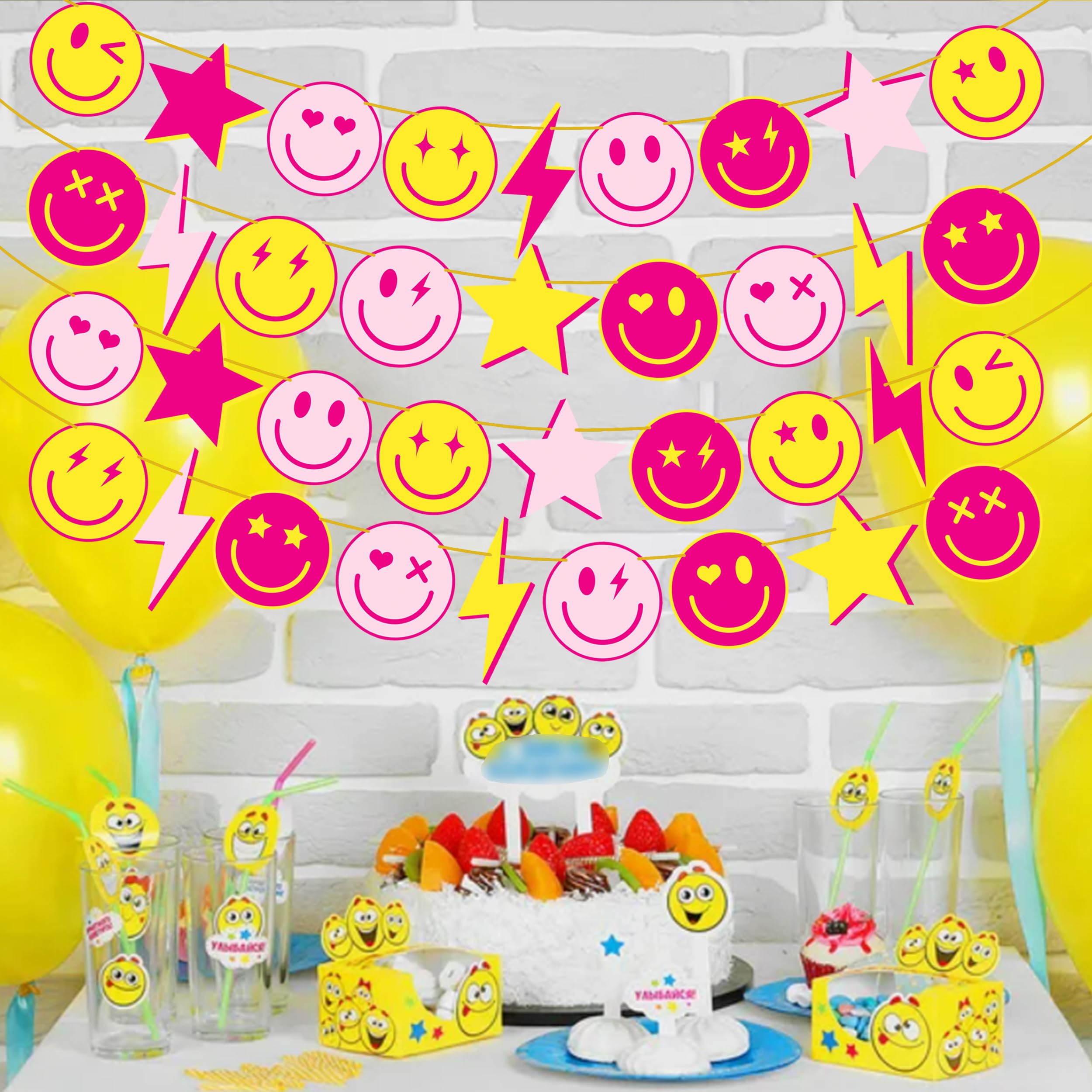 Preppy Party Banners 4Pcs Preppy Smile Face Party Decorations Hot Pink Yellow Smile Face Lightning Star Themed Party Banners for Back to School Party Bachelorette Birthday Party Supplies