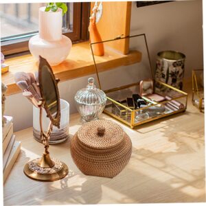 Rattan Box with Lid, 6.3x5.5 Inch Rattan Basket, Hand-Woven Round Woven Basket, Desktop Decorative Box Small Wicker Basket with Lid, Round Woven Seagrass Baskets, Little Handmade Rattan Storage