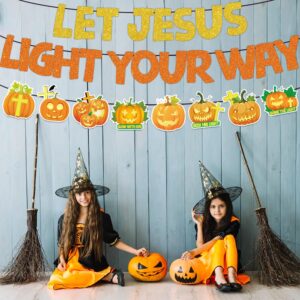 Christian Halloween Decorations Banner, Let Jesus Light Your Way Halloween Party Banner, Religious Halloween Party Banner Trunk or Treat Decorations for Church Christian Halloween Pumpkin Garland