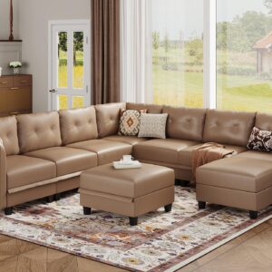 LLappuil Modular Sectional Sofa, Oversized U Shaped Sofa with Storage, Sectional Couch for Living Room, Faux Leather Fabric Waterproof Sofa, 8 Seats with Ottoman, Cognac Brown