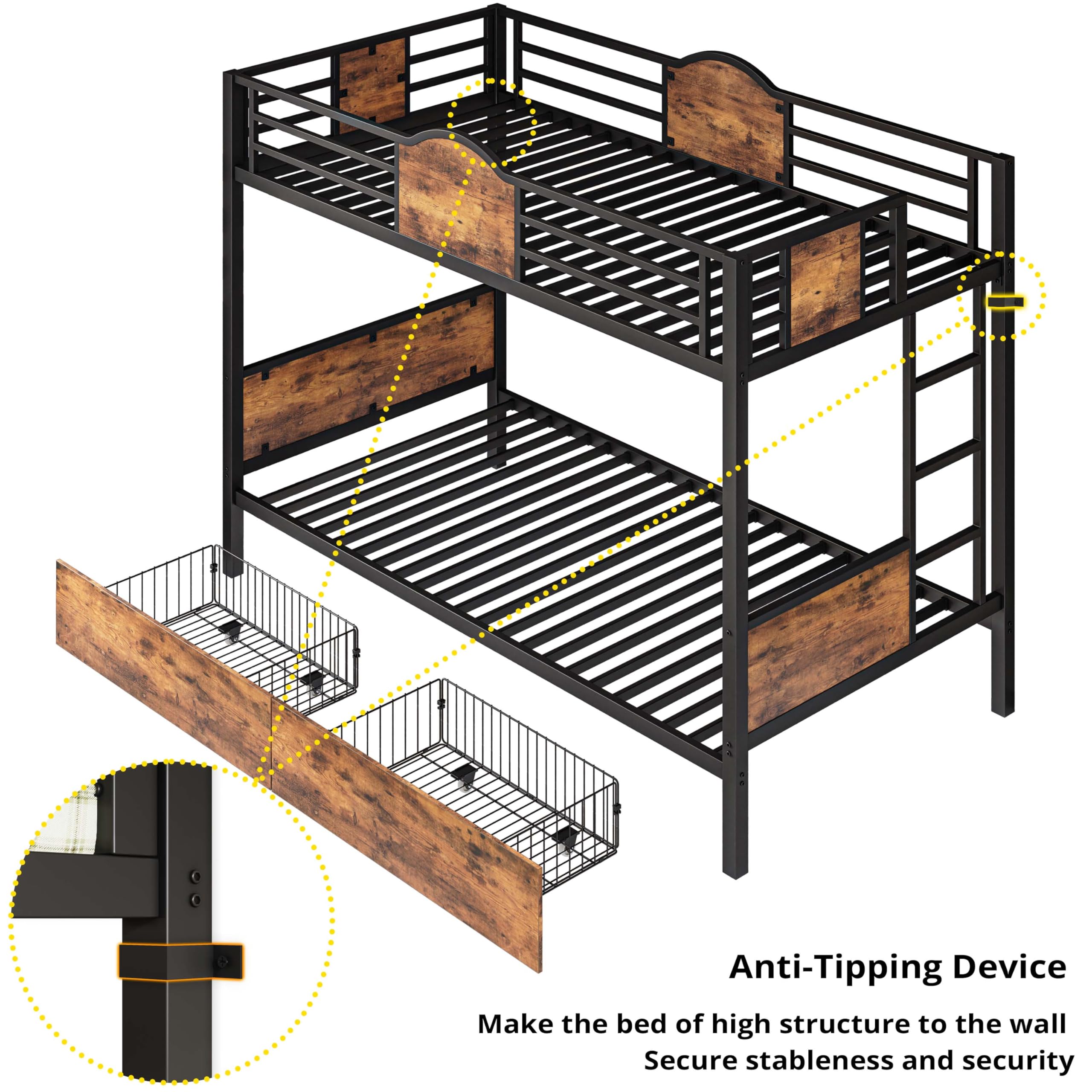 LIKIMIO Bunk Bed Twin Over Twin with Ladder and MDF Board Guardrail, Twin Bunk Beds with 2 Storage Drawers, Space-Saving, Noise Free, Black