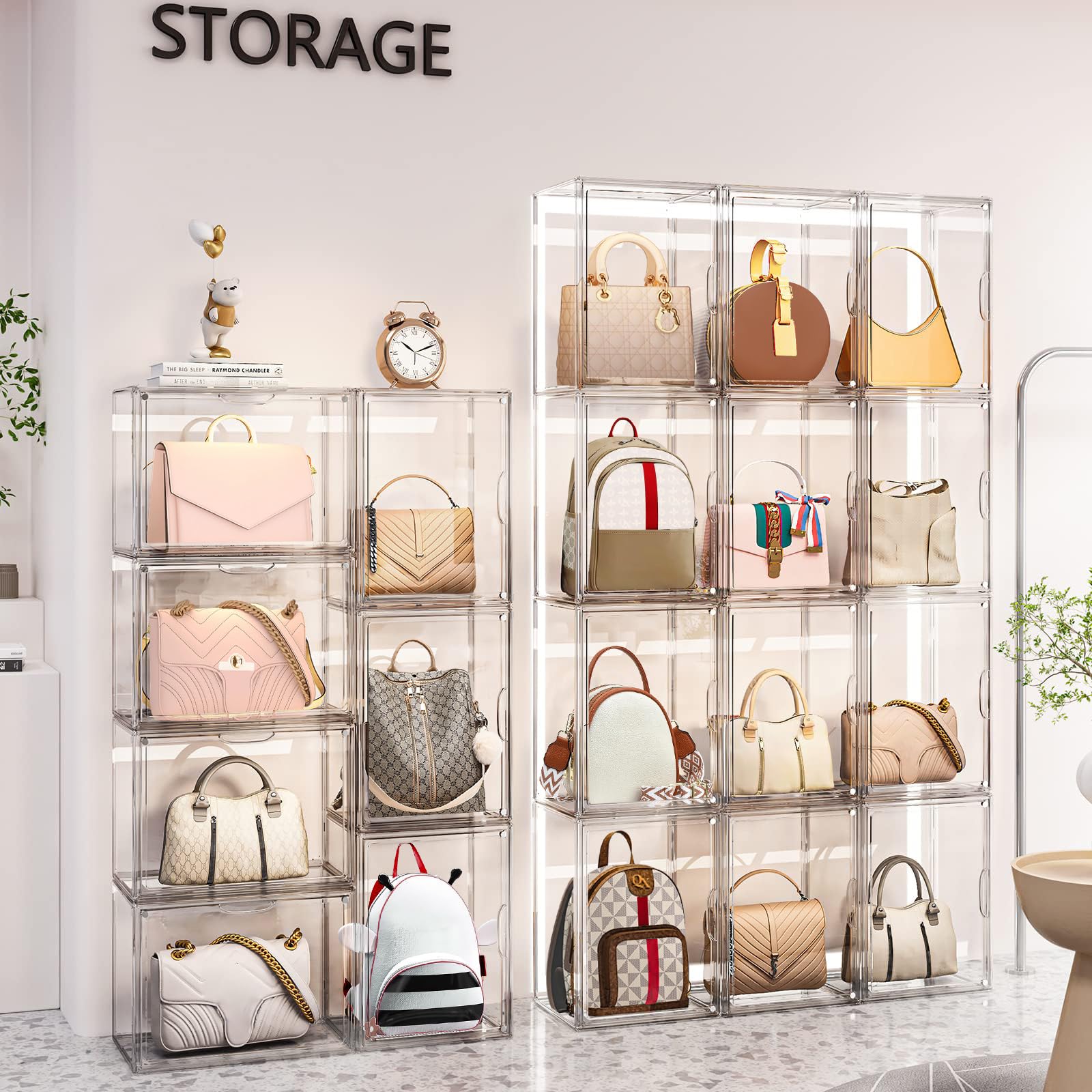 FODIENS 4 Packs Clear Handbag Storage Organizer for Closet, Acrylic Display Case for Purse Handbag, Stackable Purse Organizer Storage Box with Magnetic Door for Wallet Book Toys Collectibles