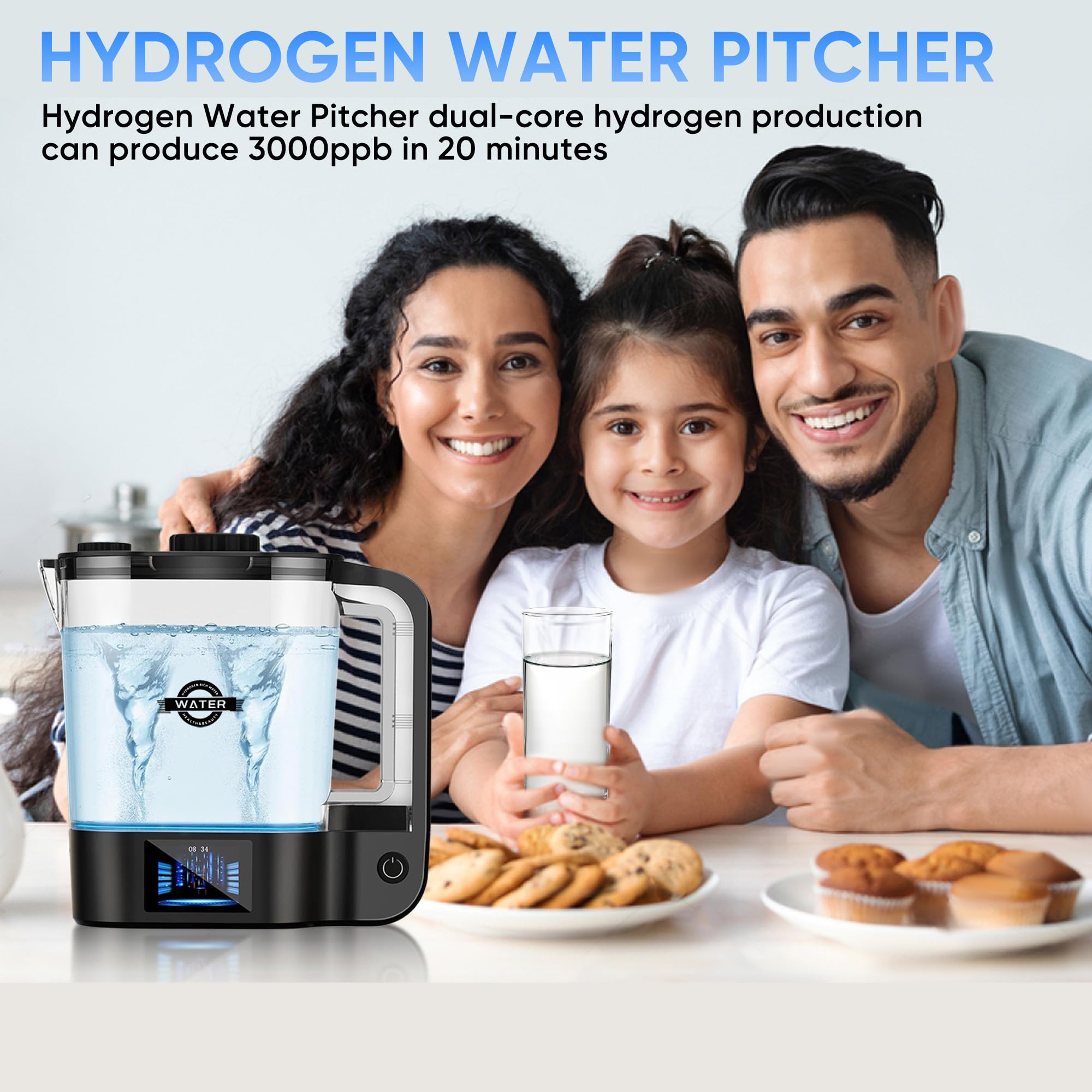 Hydrogen Water Pitcher, Upgraded 3000PPB Version Ion Membrane Hydrogen Water Bottle, 2L Large Capacity Hydrogen Water Bottle Generator Improve Water Quality, Suitable for Purified Water (Black)