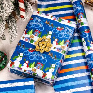 Garbendy Blue Christmas Wrapping Paper Roll - Cute Snowman pattern & Reindeer Printed in Blue Paper & Colorful Stripes in the Back for Christmas, Holiday, Party